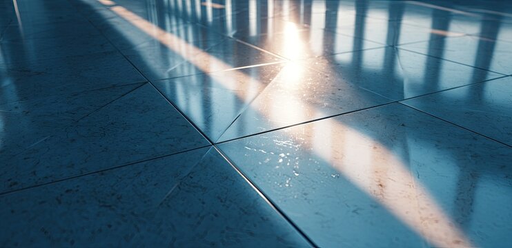 Polished stone floor reflecting sunlight through pillars