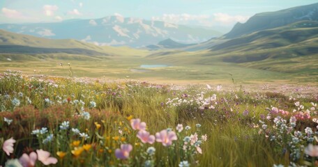 Fototapeta premium Vast Open Valley Filled With Wildflowers Under A Majestic Mountain Range Sky