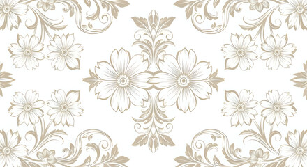 Elegant beige floral damask pattern, seamless repeat design, intricate swirls, delicate flowers.