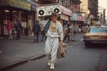 1980s rapper on a city street carrying boombox