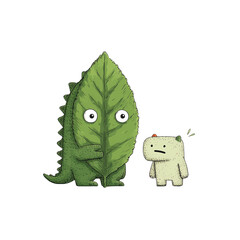 Fototapeta premium A whimsical cartoon creature hides behind a large leaf, engaging with a curious smaller character in a vibrant setting.