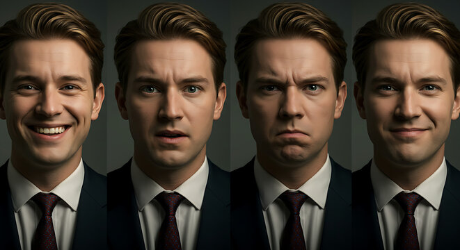 Man in suit displays various emotions joy, anger, confusion, and a slight smile, isolated on white background