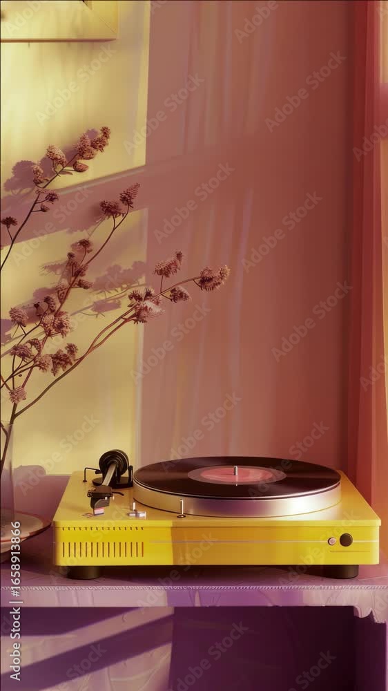 Poster A yellow record player with records on a shelf in the background.