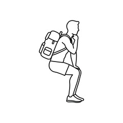 Thinking backpacker with luggage sitting outdoors illustrating travel and exploration perfect for travel blogs and vacation planning guides.