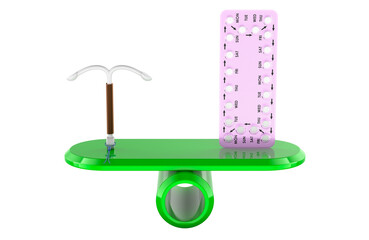 Contraception choice. Contraception methods comparison iud and pills. 3D rendering
