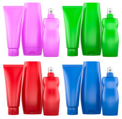 Colored cosmetic tubes and spray bottles set. 3D rendering
