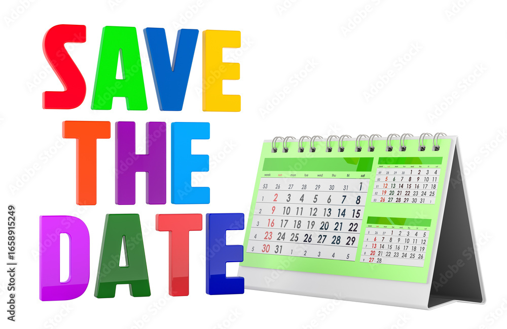 Poster save the date concept with desk calendar. 3d rendering