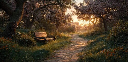 Sunlit park path with blooming trees and a wooden bench