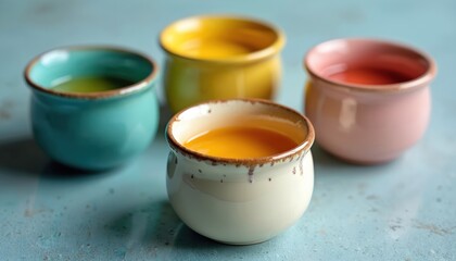 Four colorful ceramic pots hold various liquids. Featuring turquoise, yellow, pink, white vessels filled with green, orange, red, yellow liquids. Glossy, smooth ceramic containers add touch of style