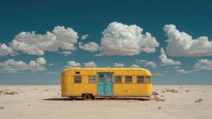 Yellow camper van in a vast, sunny desert