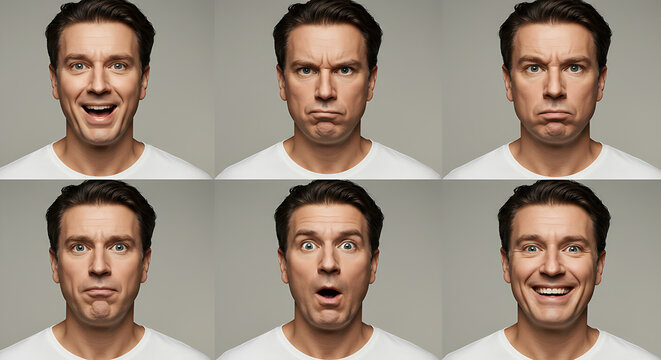Man displays a range of emotions and facial expressions isolated on white background