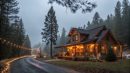 Fototapeta premium Illuminated log cabin with christmas lights in a foggy forest landscape scene view