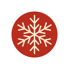 Round red label with white snow flake outline. Winter ornament for christmas holiday box or tag. Simple element in flat style as festive xmas sticker with decorative shape and seasonal theme.