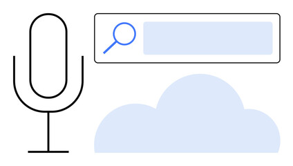 Microphone, search bar with magnifying glass icon, and cloud icon. Ideal for AI, voice recognition, cloud storage, search optimization, digital communication, web technology simple landing page