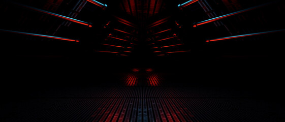 Dark Sci-Fi Corridor Futuristic Industrial Tunnel with Red Neon Lights