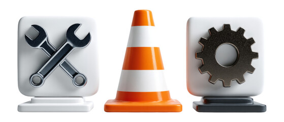 Isolated Icons of Tools and Traffic Cone on Transparent Background