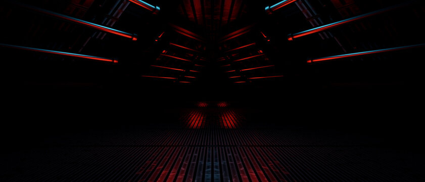 Dark Sci-Fi Corridor Futuristic Industrial Tunnel with Red Neon Lights