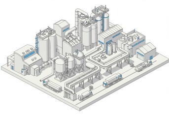 Isometric Industrial Complex with Tanks, Pipelines and Delivery Trucks