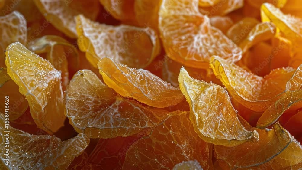 Poster a close up of orange slices with a few drops of water on them. the slices are arranged in a pattern