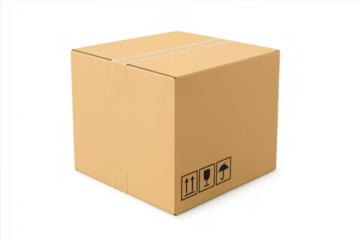 Closed cardboard box with shipping symbols on transparent background