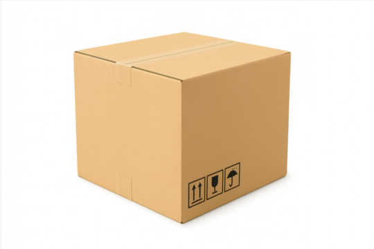 Closed cardboard box with shipping symbols on transparent background