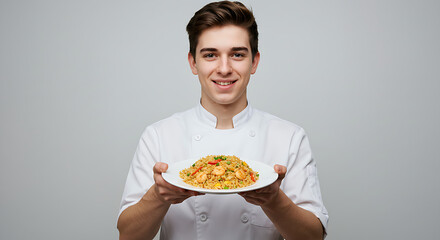 Young chef proudly presenting a delicious plate of pasta isolated on white background