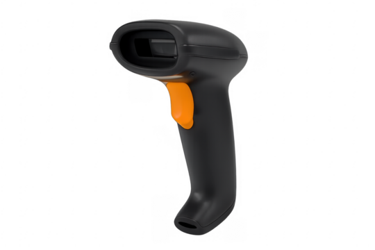Handheld barcode scanner with orange trigger button on transparent background