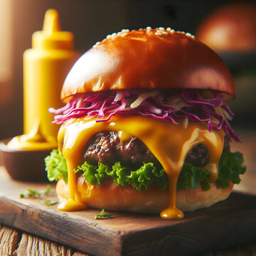 Realistic cheeseburger on wooden board, melted cheddar on juicy beef patty, fresh lettuce and red cabbage in toasted brioche bun, mustard bottle blurred in background, warm natural light, professional