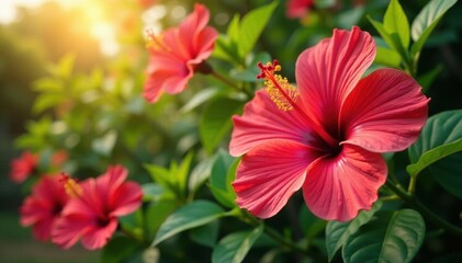 Obraz premium Multiple hibiscus flowers in full bloom, sunlit, outdoor, beautiful, petals
