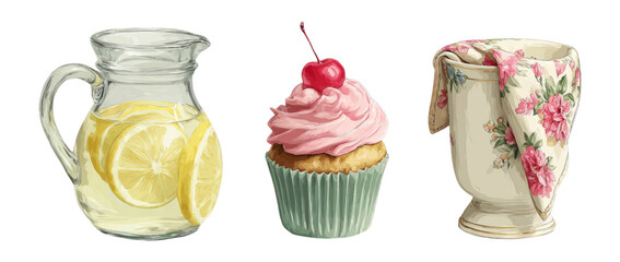 Fresh Lemonade, Cherry Cupcake, and Floral Cup on Transparent Background