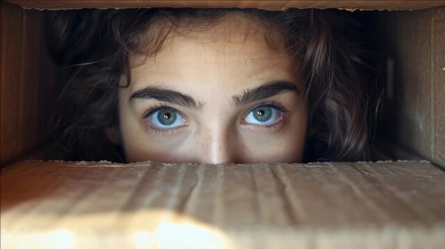 A young woman peers out from inside a shipping box, her gaze curious and open.