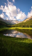 Serene Mountain Lake Reflects Cloudy Skies and Lush Greenery