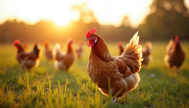 Charming chickens explore rich grassy field bathed in warm sunset light. This rural scene evokes peace and nature, showcasing tranquil countryside life with vibrant, glowing, rustic farm animals.