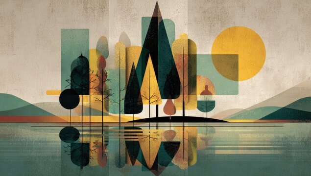 Abstract landscape with geometric shapes reflecting on water
