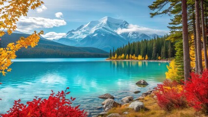 A turquoise lake surrounded by colorful trees and a snow capped mountain in the distance view landscape
