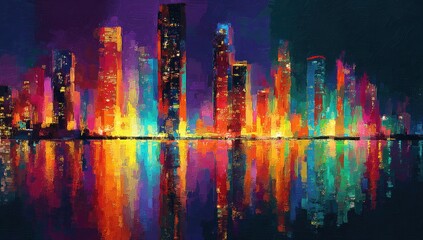 Colorful cityscape at night, vibrant reflections (1)
