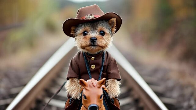 Cowboy Pup: A cute puppy dressed as a cowboy rides on a toy horse on rail tracks. The puppy is the focal point with background blurred for depth and visual appeal