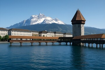 Picturesque lakeside city with Alpine mountain views, iconic Kapellbrücke wooden bridge, and timeless romantic old town atmosphere, perfect for travel and landscape collections.

