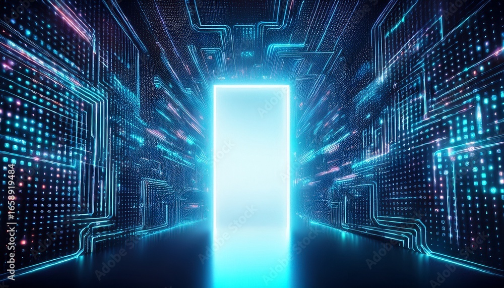 Poster abstract door in tunnel with digital data center light signal future computer technology concept of 