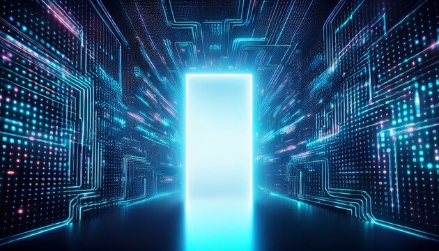 abstract door in tunnel with digital data center light signal future computer technology concept of cyber gateway in cyberspace or metaverse