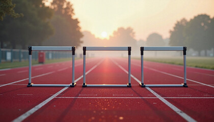 Hurdles arranged on a red track field at sunrise in the morning  