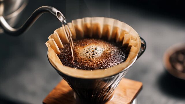 Preparation of filter coffee using the pour-over method with a v60 dripper, hot water is poured over ground coffee beans placed on a paper filter, extracting the coffee's flavor and aroma