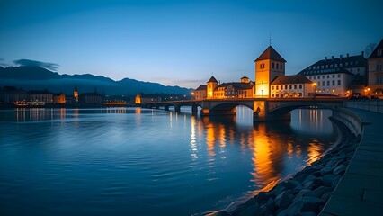 Obraz premium Picturesque lakeside city with Alpine mountain views, iconic Kapellbrücke wooden bridge, and timeless romantic old town atmosphere, perfect for travel and landscape collections. 