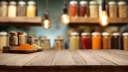 Wooden table in a spice shop