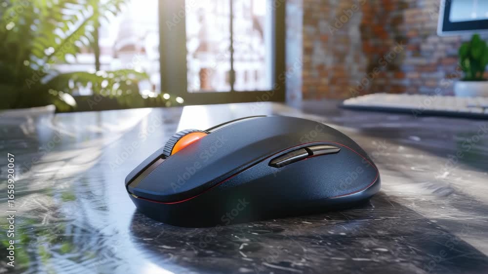 Poster a black computer mouse is sitting on a marble counter. there is a keyboard in the background