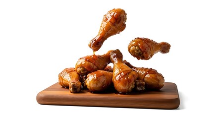 Glazed Chicken Drumsticks Levitation - Appetizing Stack on Wooden Board, Isolated on White.