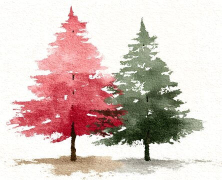 Green Pine Christmas Trees Hand Drawn Watercolor on White