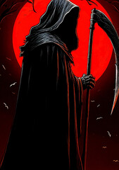  Grim Reaper with Scythe in Red Moonlight
