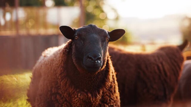 Ovelha Preta em Close-Up na Fazenda &ndash; V&iacute;deo em 4K C&acirc;mera Lenta