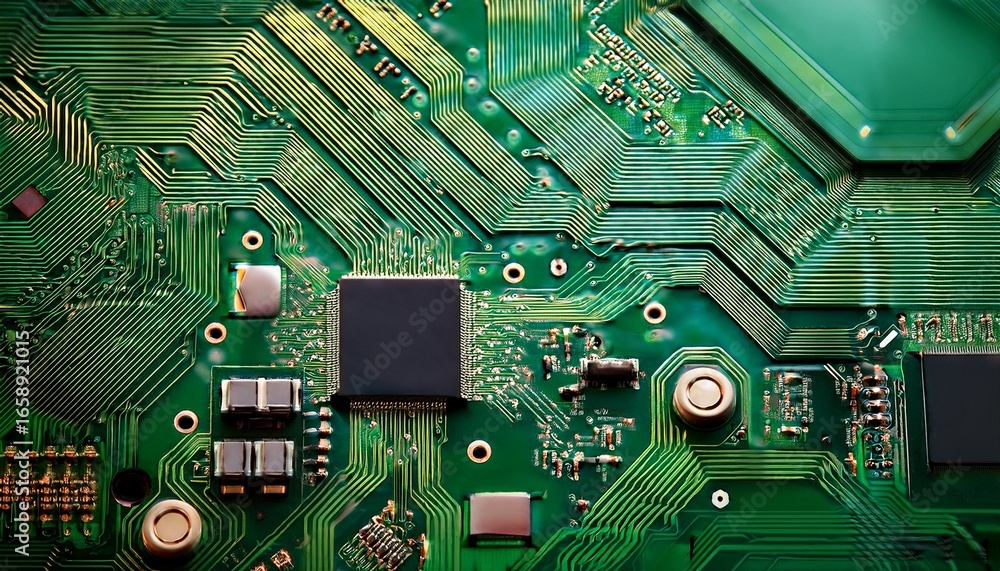 Poster close up of a green circuit board revealing the intricate network of electronic components and circu